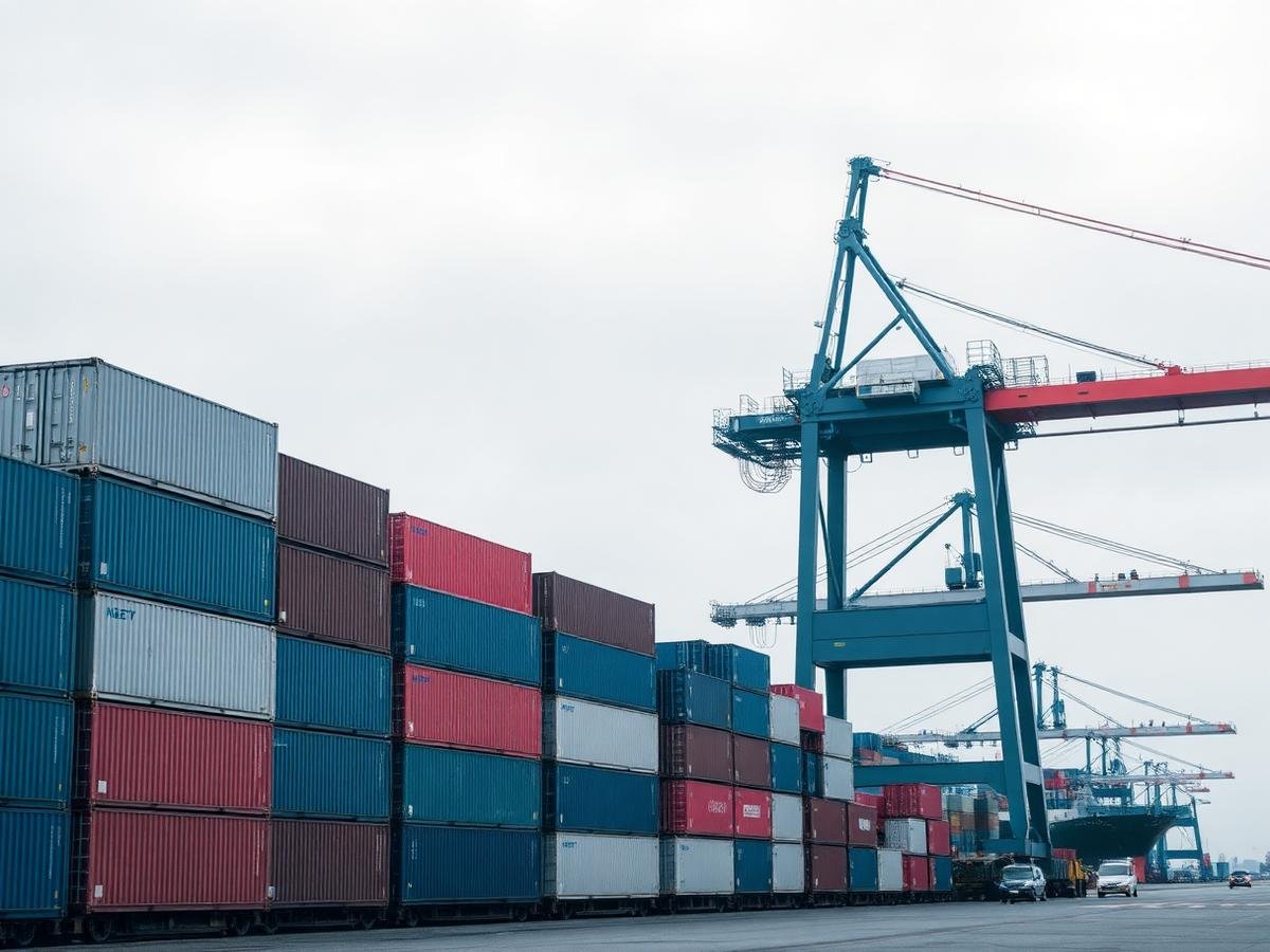 Shipping containers stacked beside a gantry crane at a port terminal